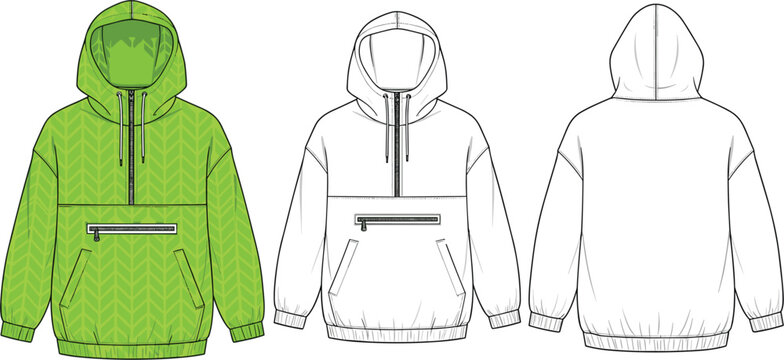 Technical flat sketch of hooded anorak jacket featuring quarter-zip closure pouch pocket and textured lime green fabric with front and back views for fashion design.