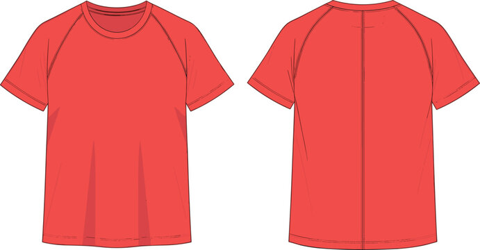 Technical fashion flat sketch of red raglan short sleeve t-shirt vector illustration front and back view for activewear apparel design and tech pack template.
