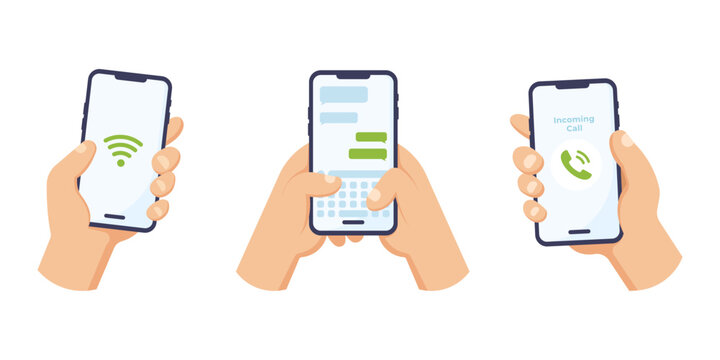 vector illustration of Three hands hold smartphones displaying a Wi‑Fi icon, an active text conversation and an incoming call screen, illustrating mobile communication.
