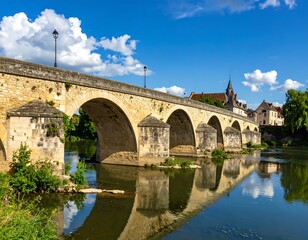 Obraz premium A stone arch bridge spans a serene river reflecting the clear blue sky, with a charming village in the background