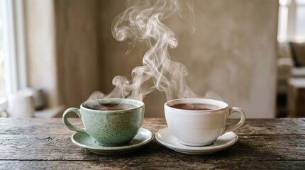 Fototapeta premium Two tea cups facing each other with steam intertwining, neutral background.