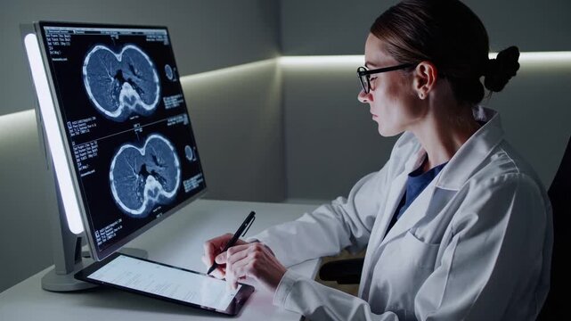 radiology lab white female radiologist analyzing brain scan on vertical monitor, stylus annotating CT slices, dim ambient lighting, focused expression, clinical workstation with reports and data,