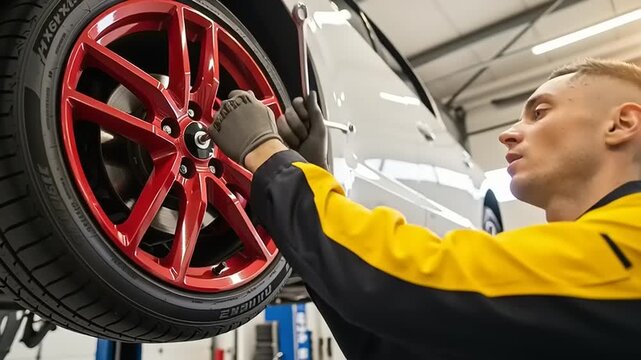 Mechanic Changing Car Tire in Garage.