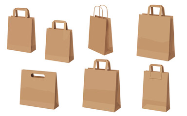 Brown paper bag with handle vector mockup, featuring realistic shopping bag template isolated for retail branding and packaging design presentation.