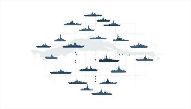 Illustration of warships surrounding an island, possibly Cuba, depicting a naval blockade or military presence.
