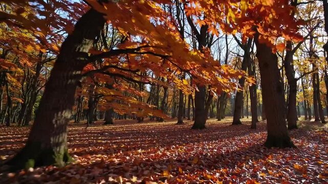 sunlit autumn forest with orange leaves and carpet of fallen foliage warm rays filter through canopy, long shadows across leaf litter, crisp seasonal atmosphere ideal for seasonal, travel,