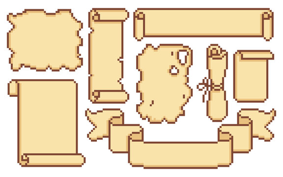 Pixel art game scrolls, vintage parchment texture frames and decorative borders, cartoon vector isolated on white. Treasure maps templates, medieval banners, or retro video game UI design elements