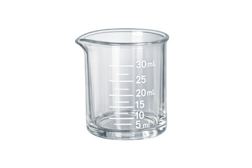 Glass laboratory beaker measuring 30ml on transparent background