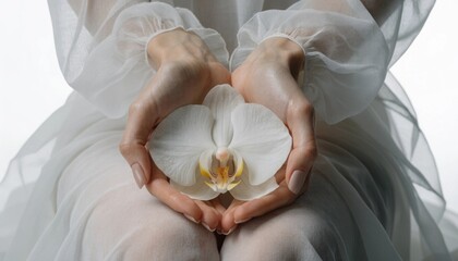 Elegant Hands with Pearl Bracelets Cradling a White Orchid