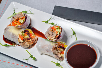 Fresh Spring Rolls with Vegetables and Meat, Served with Dipping Sauce