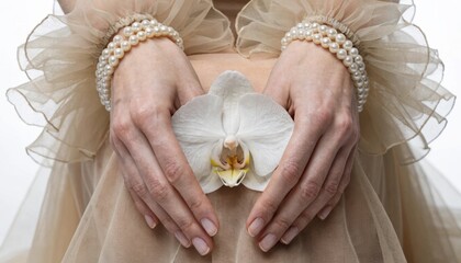 Elegant Hands with Pearl Bracelets Cradling a White Orchid