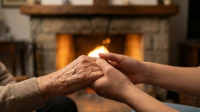 Authentic intergenerational connection warm hand hold near cozy fireplace glow for senior adult