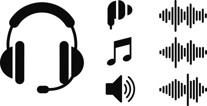 Audio icon collection, headset silhouette, music symbol artwork, sound wave vector, speaker design illustration, earbud sketch, decorative outline, modern logo