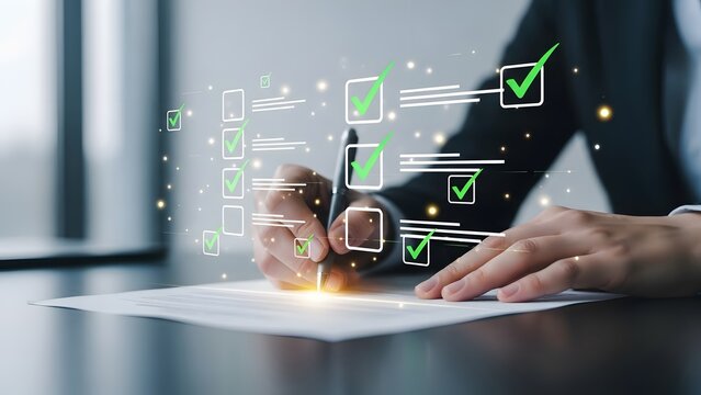 Business contract signing and quality checklist. Document approval and corporate task management. Businessman hand using a pen to tick green check marks on a digital document