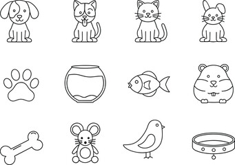 Obraz premium Set of minimalist pet icons including dog cat rabbit fish hamster and bird in line art style