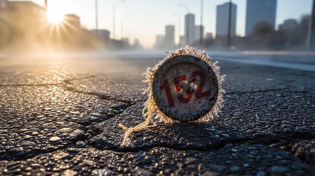 A lone weathered buoy resting on cracked asphalt with frayed rope and distant city skyline