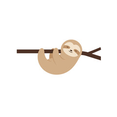 Fototapeta premium Cartoon Sloth Hanging Upside Down on a Brown Branch with Closed Eyes.