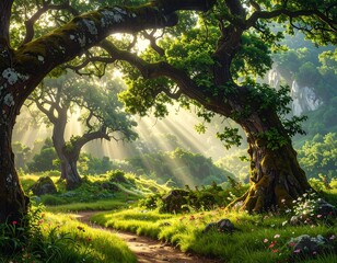 Fototapeta premium A sunlit forest scene features sprawling trees framing a path. Golden light beams pierce the foliage, creating a dreamy ambiance