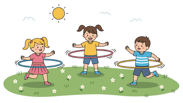 Group of three happy children play together with colorful hula hoops in a sunny green meadow filled with flowers.