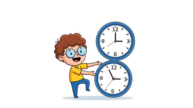 Excited young boy with glasses points toward two large stacked wall clocks showing different times of day.
