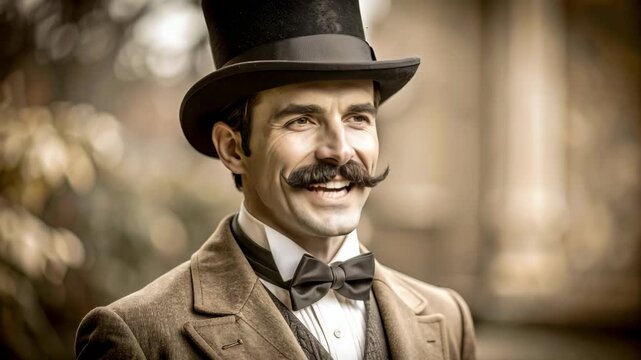 Smiling man with handlebar mustache wearing a top hat and vintage suit