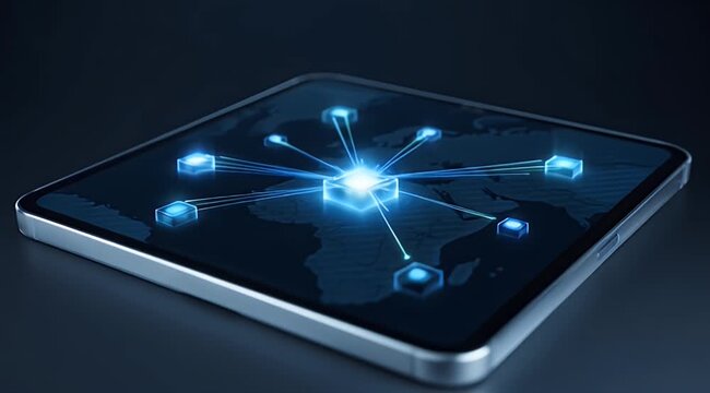 Digital network visualized on a modern device screen displaying global connections