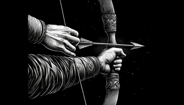 High contrast white engraved line art of an archer pulling a bowstring on black background.