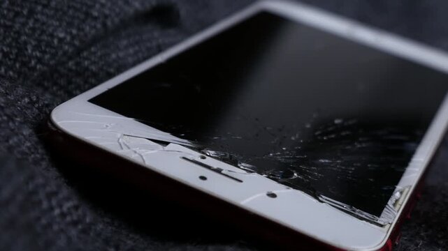 Broken cracked smartphone screen Phone red on dark fabric background, shattered glass display damage concept