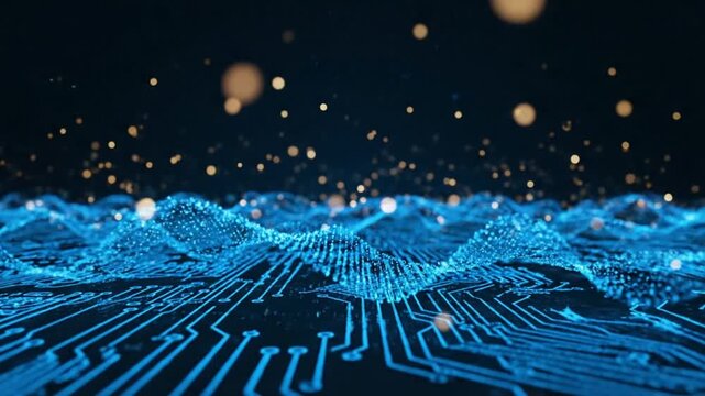 Abstract Blue Digital Circuit Board with Glowing Particles.