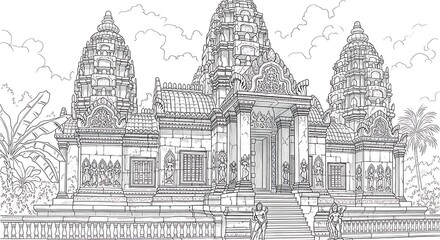 Obraz premium Detailed black and white sketch of an ancient Southeast Asian temple with intricate carvings, a prominent mythical face above the entrance, and lush jungle foliage.