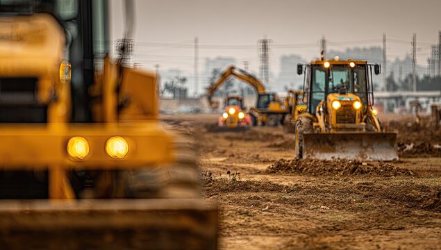 Heavy construction machinery working, grading and preparing a large earth field on a cloudy day