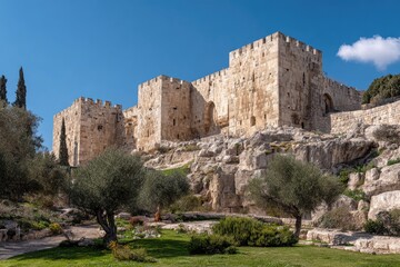Fototapeta premium Ancient stone fortress on a rocky hill with trees, blue sky, and hints of a distant cloud