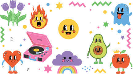 Fototapeta premium Cute Kawaii Cartoon Character Vector Set with Smiling Avocado, Peach, Heart, Ghost, Rainbow, Vinyl Player and Fun Emoji Faces