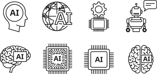 Fototapeta premium A set of vector line art illustrations featuring AI concepts in silhouette mode