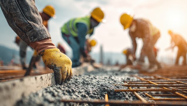 Close-up of worker pouring cement on rebar, others blur in construction under sunlight