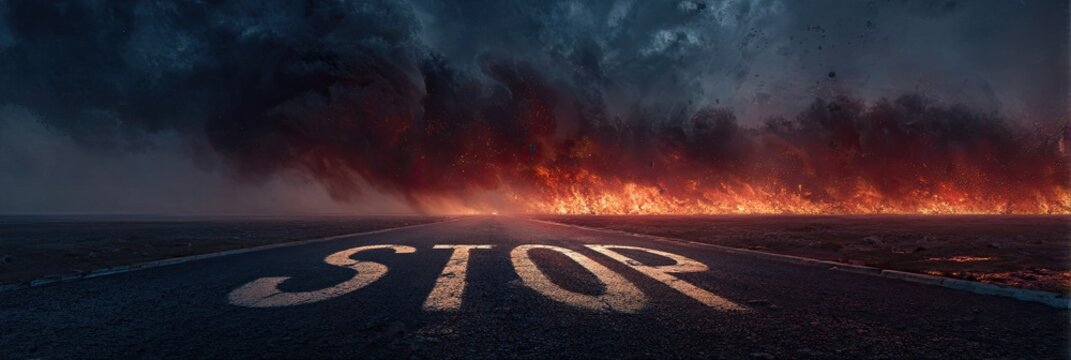 Road leading to an apocalyptic scene with the word "STOP" painted. Fire and smoke dominate the horizon
