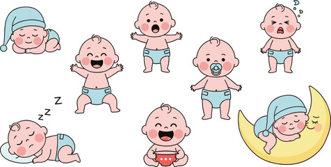 Cute Baby Cartoon Set with Different Emotions and Sleeping Poses Vector Illustration
