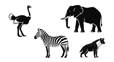 Obraz premium African safari animals silhouettes set: ostrich, elephant, zebra, and hyena