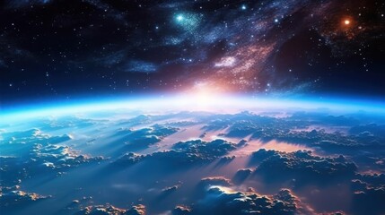 Fototapeta premium Stunning Sunrise Over Earth From Space With Nebula And Stars.