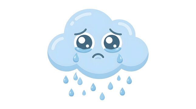 Sad Cartoon Cloud with Raindrops Falling.