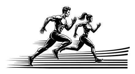 Obraz premium Running man and woman, isolated vector silhouettes. Run, side view. Silhouettes of athletic looking male and female runners running. Transparent background PNG version.