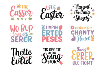 Fototapeta premium Easter typography colorful illustrations with flowers and bunnies