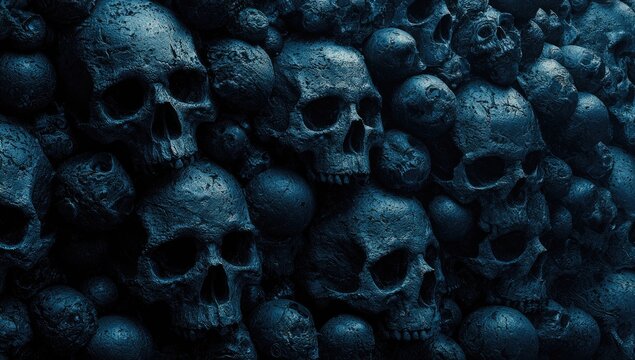 Close-up of a wall of skulls, creating a chilling, unsettling, and morbid visual