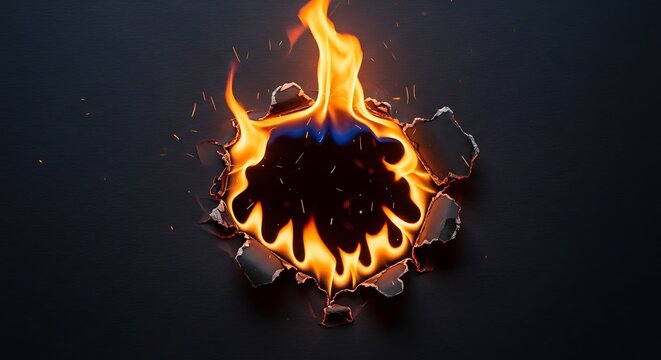 A burning hole with flames on a dark background