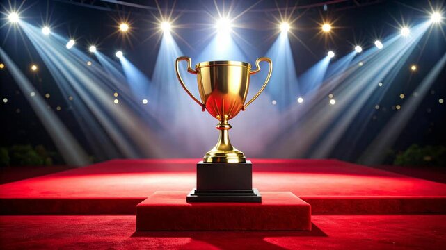 Golden trophy on velvet podium with dramatic stage spotlight illumination