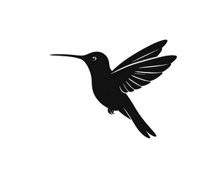 Fototapeta premium A silhouette of a hummingbird in flight, rendered in solid black against a clean white backdrop. Its wings are spread