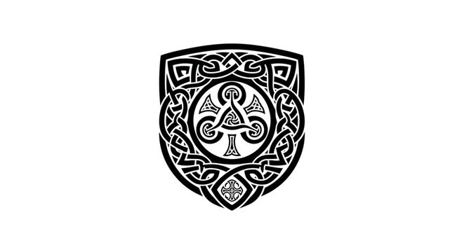 Intricate Celtic Knot Shield Design, Traditional Black and White Ornamental Pattern, Ancient Mythology Symbolism