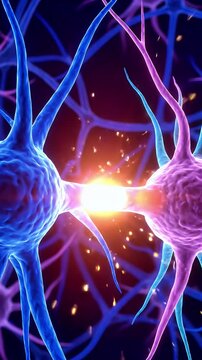 Vibrant illustration depicting a neural synapse firing with bright energy sparks symbolizing communication between neurons and representing complex brain function and neurological processes