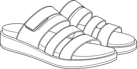 Detailed black and white line art illustration of fashionable open‑toe sandals with multiple straps and thick sole, ideal for footwear catalog, fashion design, and product branding.
