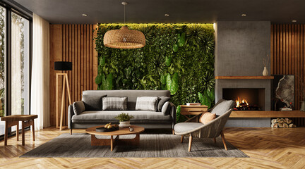 Fototapeta premium Vertical Green Wall in modern living room interior, 3d render
